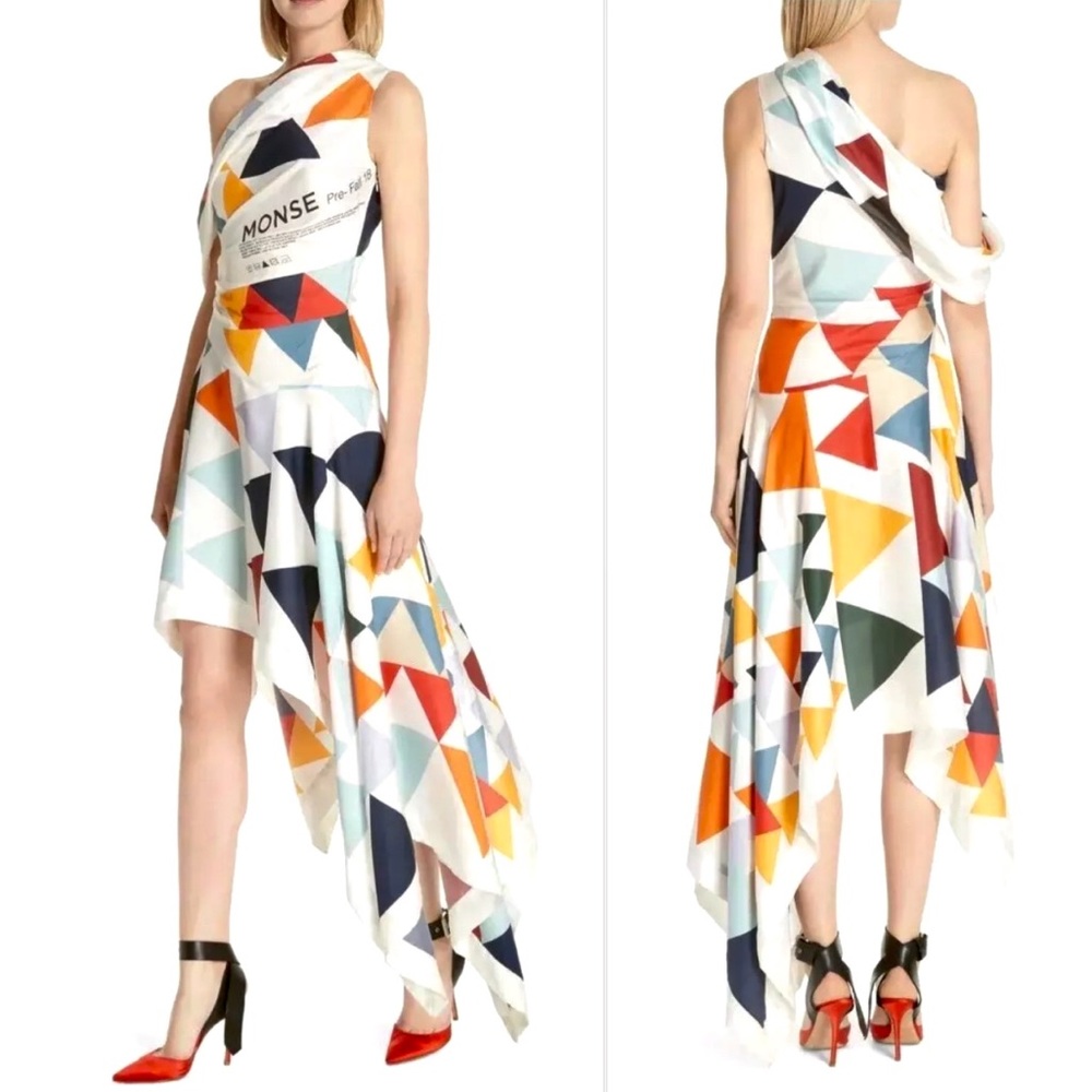 MONSE Geometric Asymmetrical Hem One-Shoulder Silk Dress